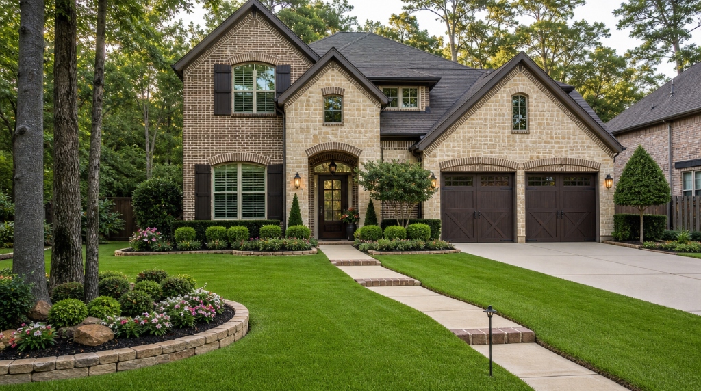 Beautiful Woodlands home with freshly manicured lawn